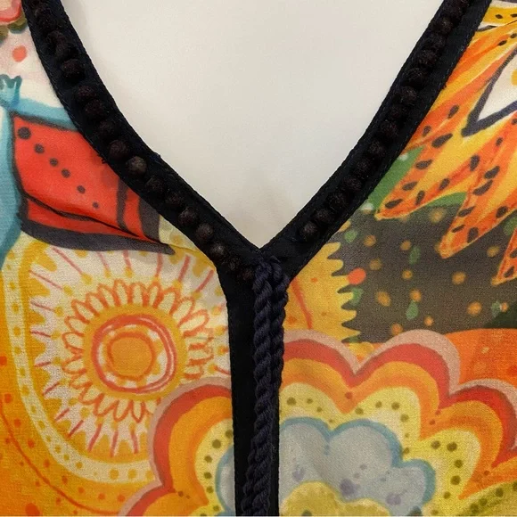 Desigual sheer festive top 3/4 sleeves floral Pom Pom V neckline orange yellow - Picture 12 of 16